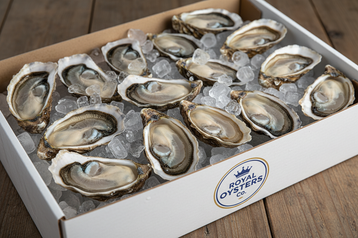 12 oysters randomly placed together in a iced cardboard box with "Royal Oysters Co." logo on the side of the box