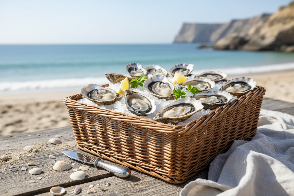 bunch of fresh Oysters in a picnic basket
