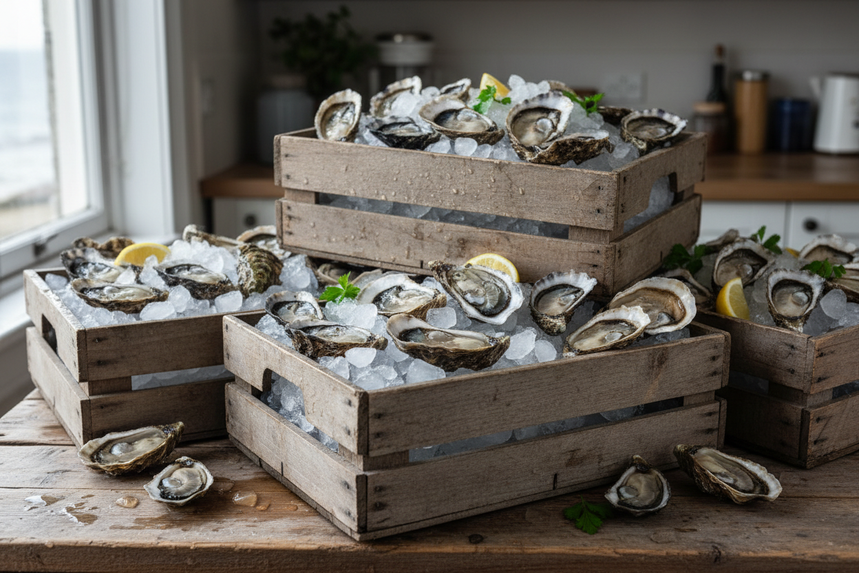 Multiple crates of Oysters on ice