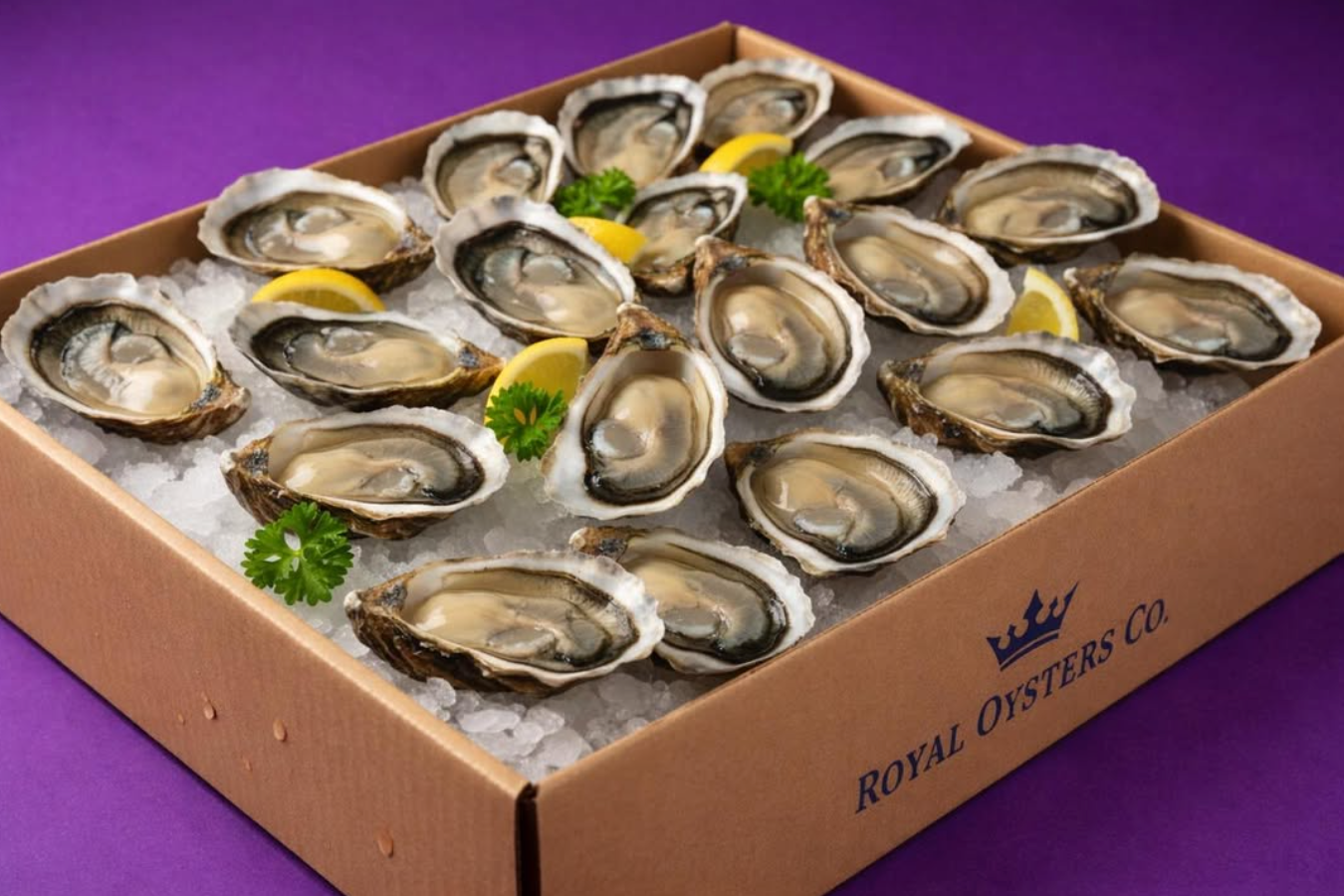 Royal Oyster Co. shucked oysters in a branded gift box with lemons